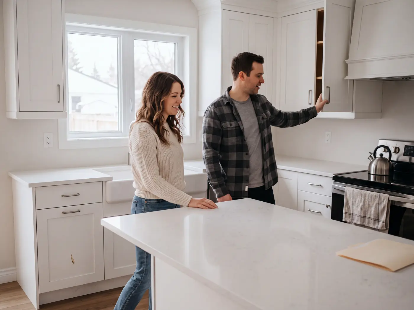 Couple exploring a bright white kitchen during a showing
