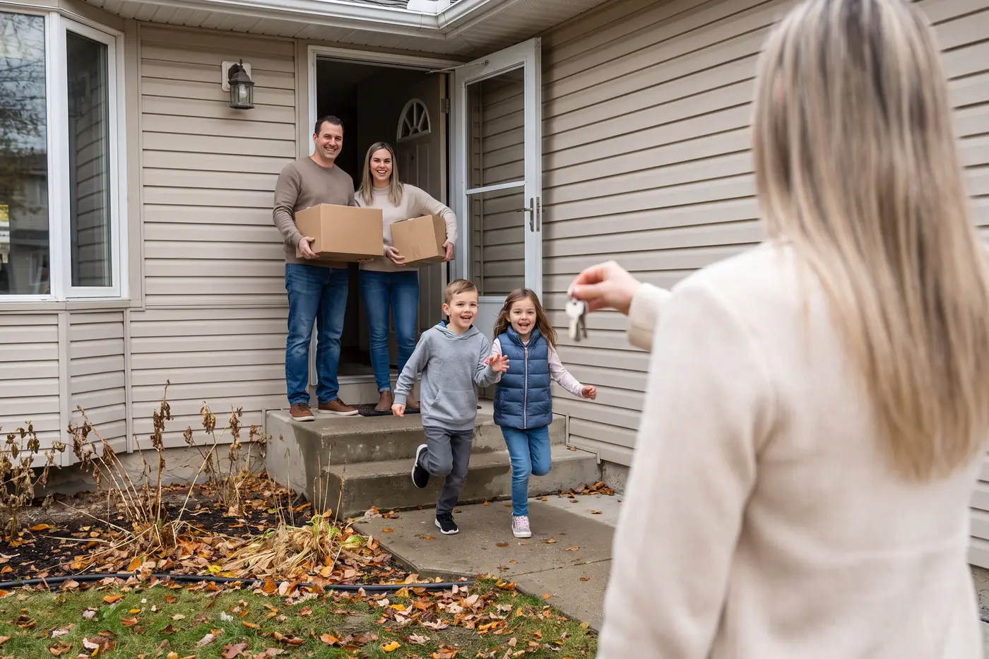 Family receiving keys at their new front door