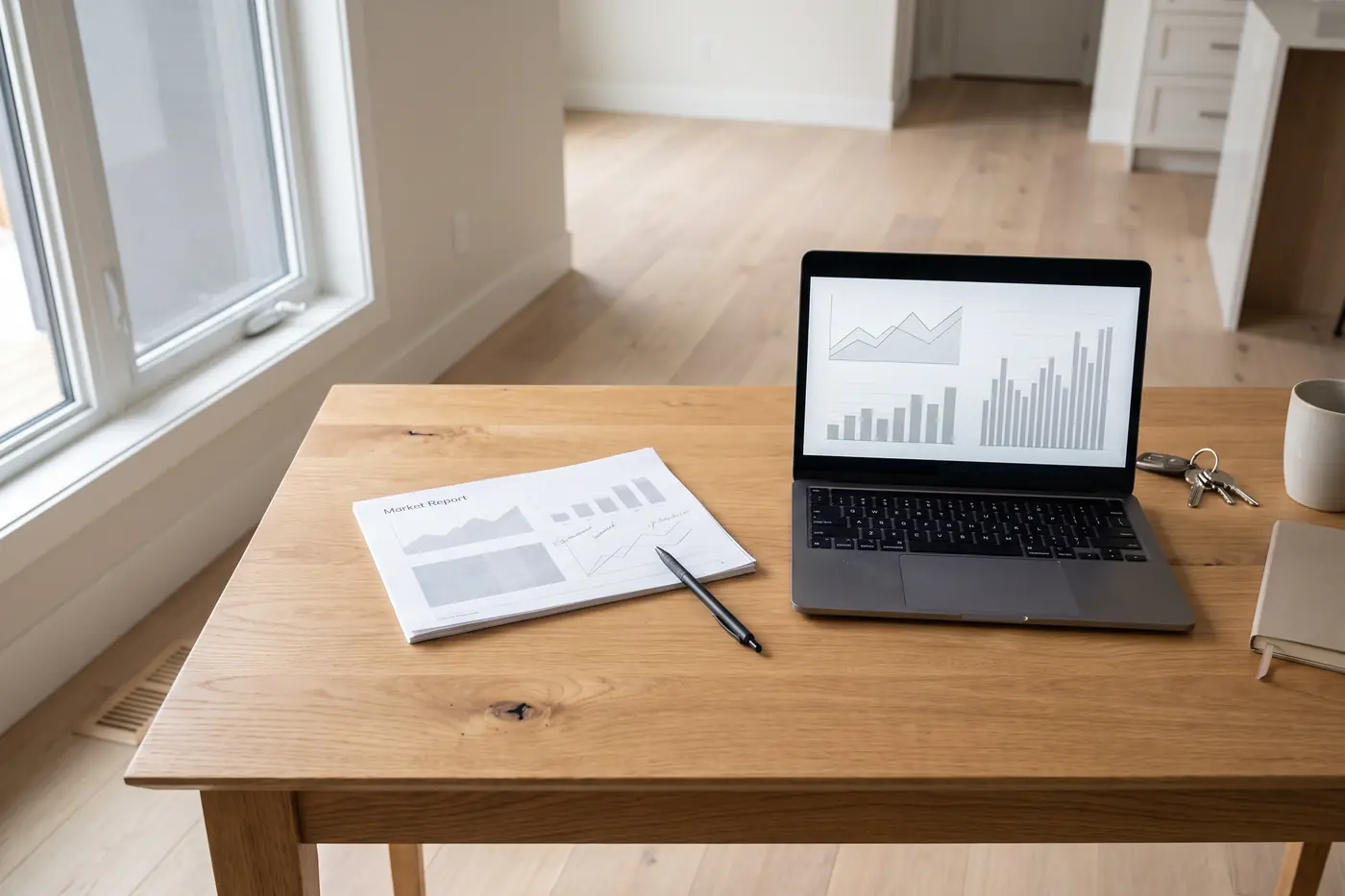 Market report and charts on a desk