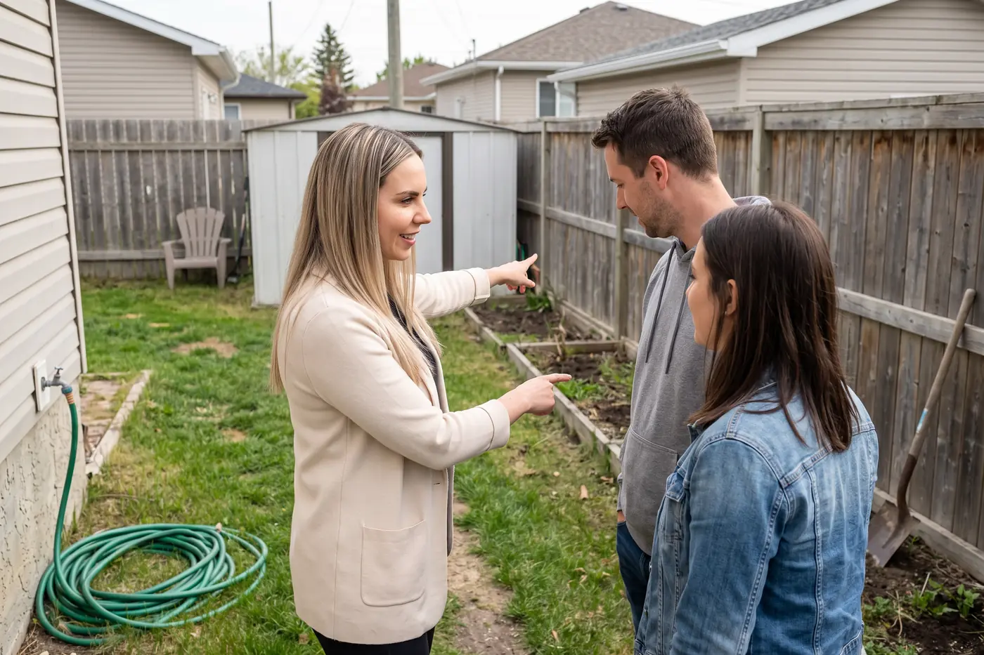 Adela showing clients a backyard