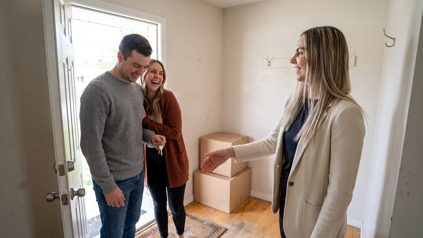 Adela congratulating new homeowners in their entryway after closing