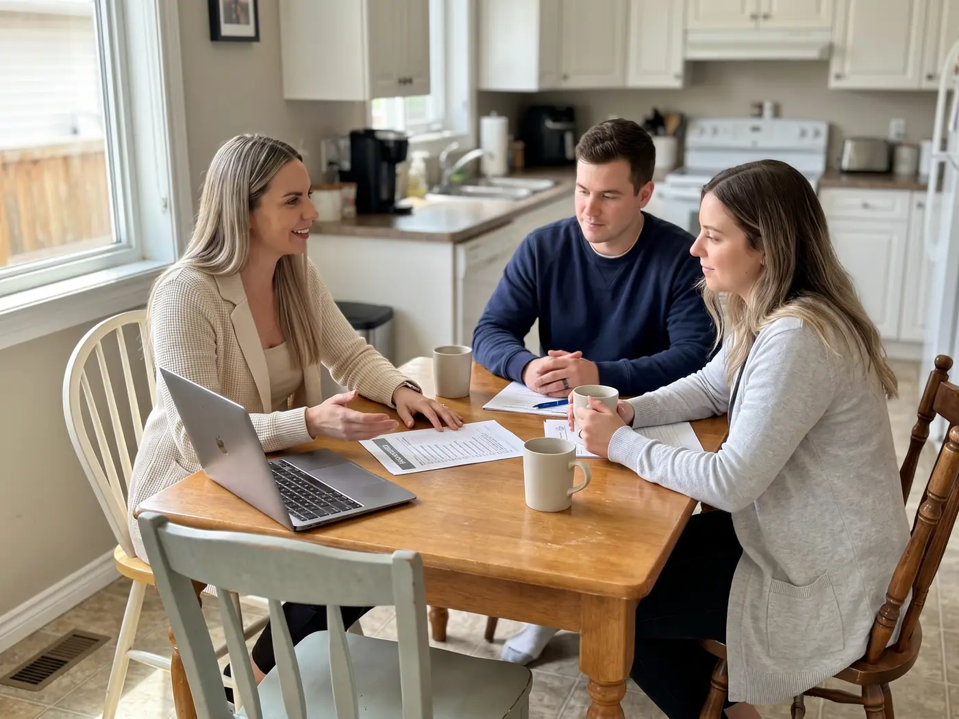Adela planning a home purchase with a young couple at the dining table