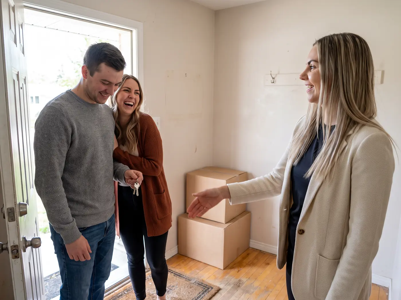 Adela walking through a living room with sellers